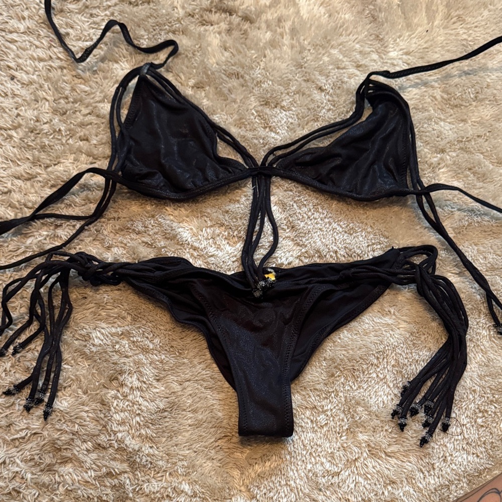 Agua Bendita Black Fringe Bikini Set